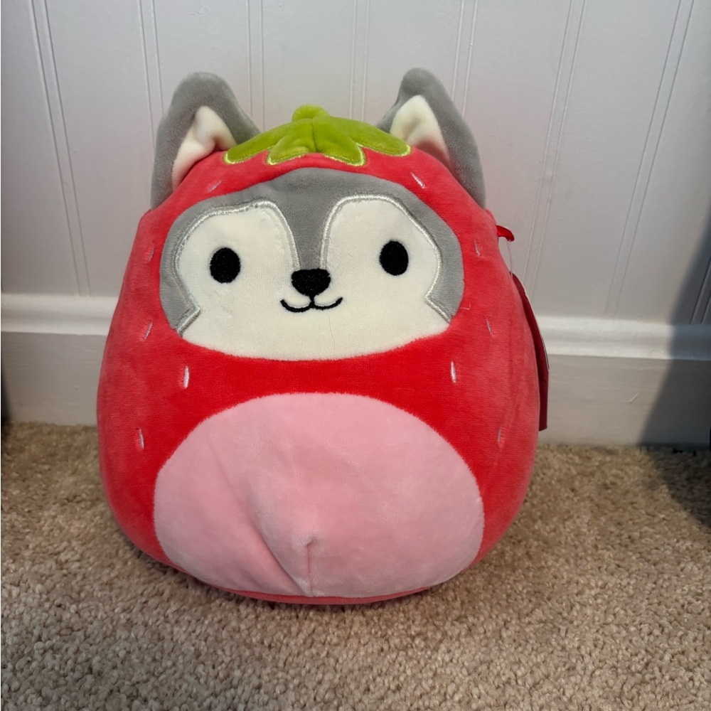 Squishmallows Red and Pink Strawberry Plush with Gray wolf ears.